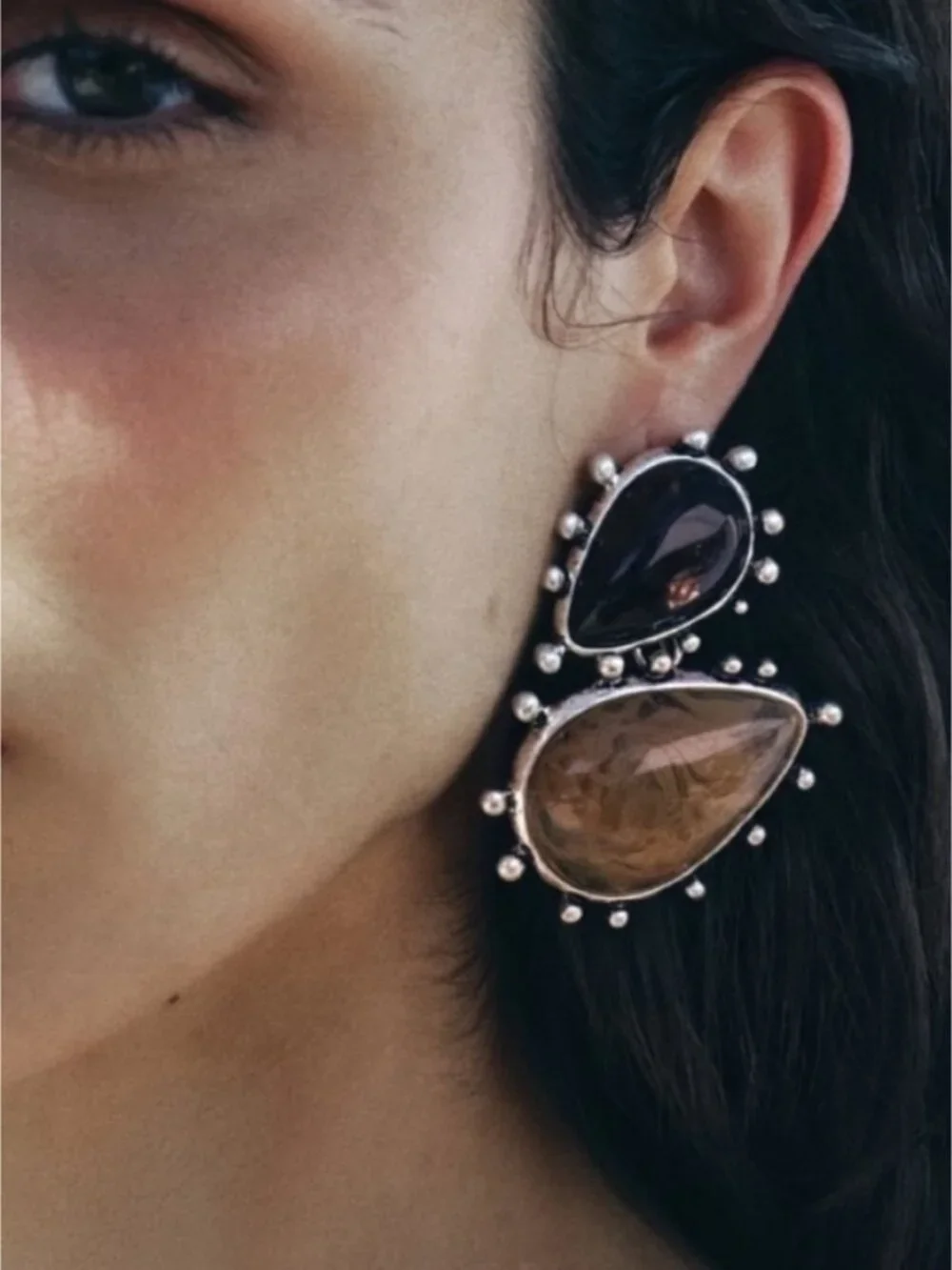 New! Boho Silver Neutral Statement Earrings NWOT (3031)